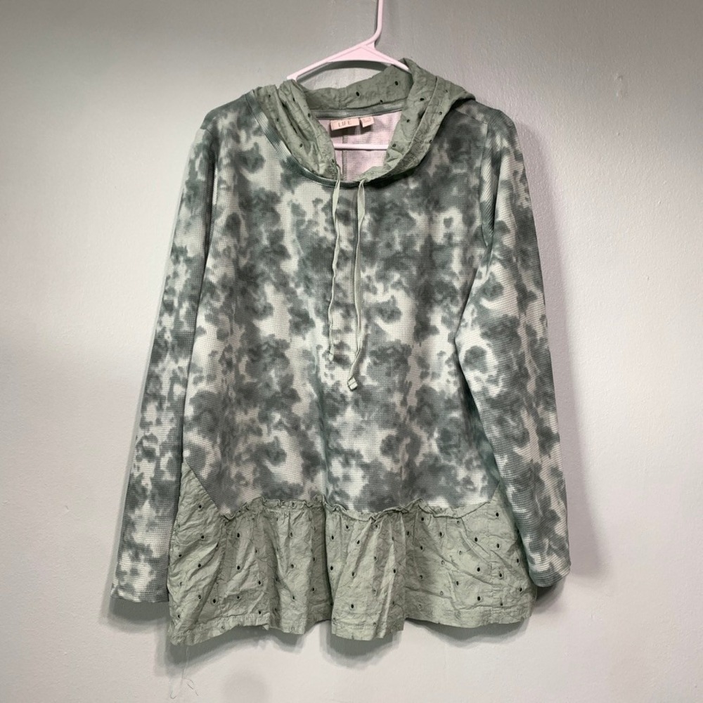 LOGO Lori Goldstein Womens L Hoodie Tie Dye Sage Green Eyelet Trim Waffle Knit